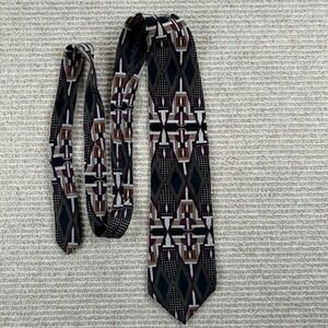 Vintage Hunting Horn Silk Tie Geometric Abstract 90s USA Made Brown Green